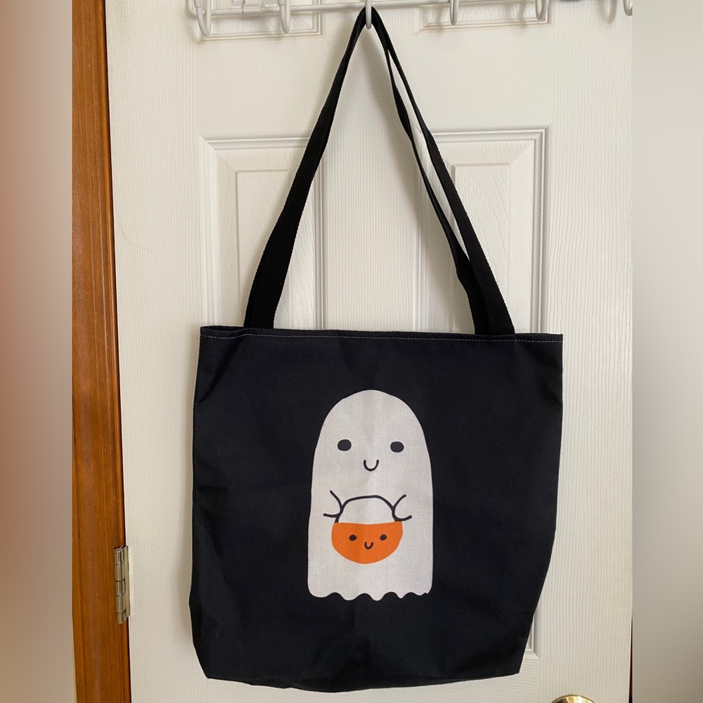 LoveJoy Mercantile Black Tote w/ White Kawaii Ghost Trick or Treating